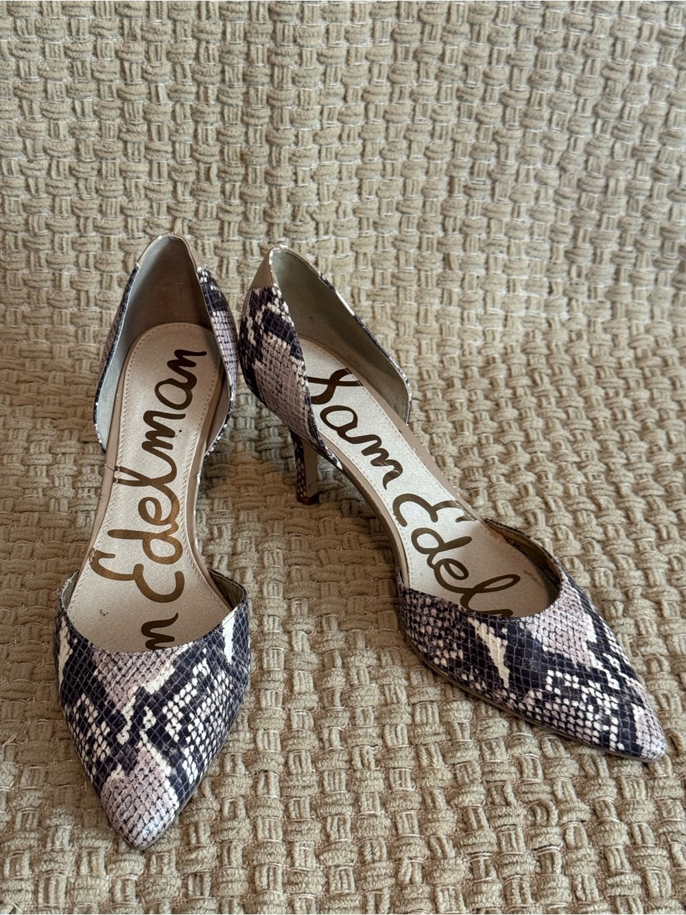Sam Edelman Pink and Black Snake-Print Pointed Pumps